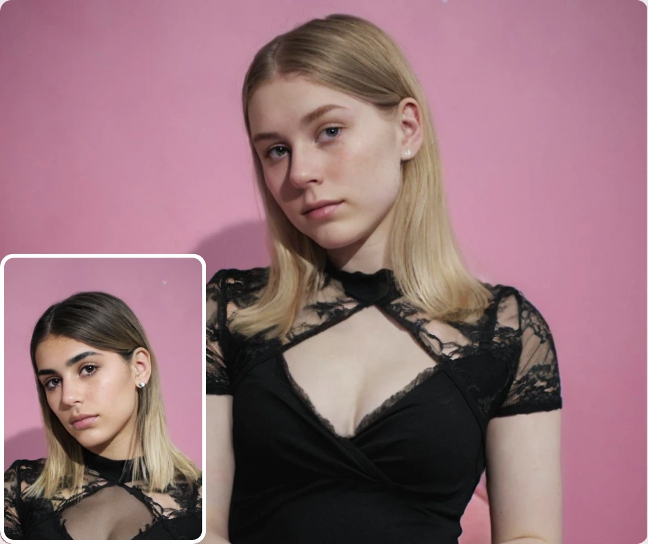 Due giovani donne con top in pizzo nero simili sono mostrate una accanto all'altra su uno sfondo rosa, a dimostrazione di un confronto tra il prima e il dopo il cambiamento del viso. Questa immagine evidenzia la trasformazione ottenuta utilizzando PiktID.