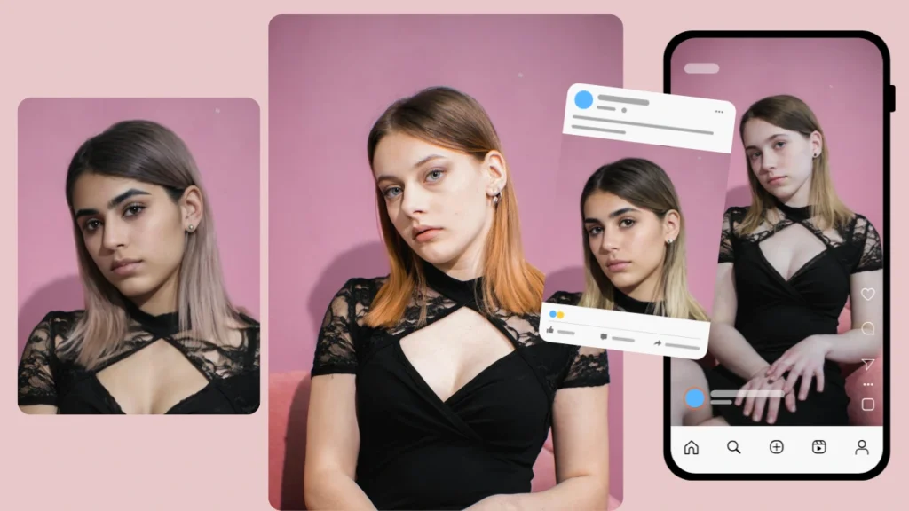 Bozzetti di post sui social media che mostrano diversi cambi di volto di una donna in abito nero su sfondo rosa. Creati con PiktID per mostrare identità digitali personalizzabili.
