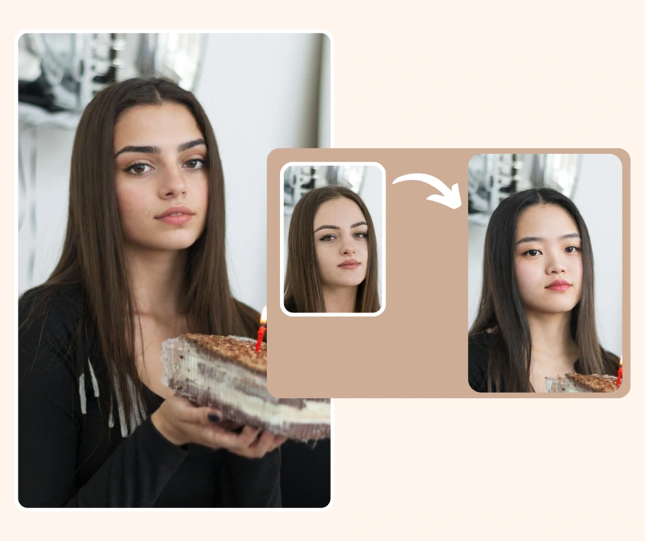 Una giovane donna con una torta in mano appare accanto a due ritratti più piccoli che mostrano diversi cambi di volto, illustrando la funzione di cambio volto dell'IA di PiktID. Il layout mostra transizioni fluide e realistiche tra le identità.