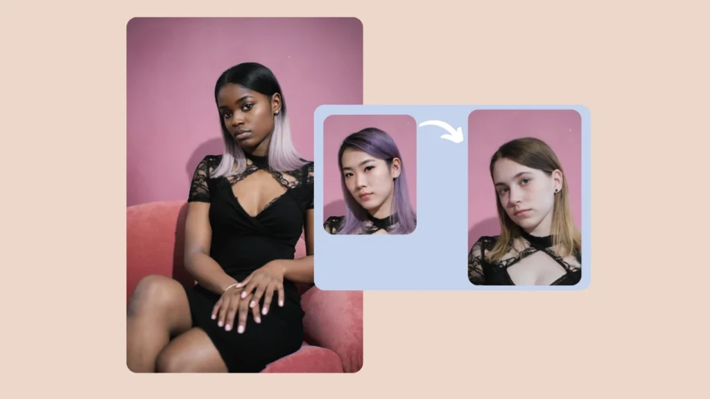 Una donna seduta con sicurezza su una sedia rossa con due immagini inserite che mostrano volti scambiati tramite intelligenza artificiale. La foto mostra le capacità di scambio di volti precise e naturali di PiktID.