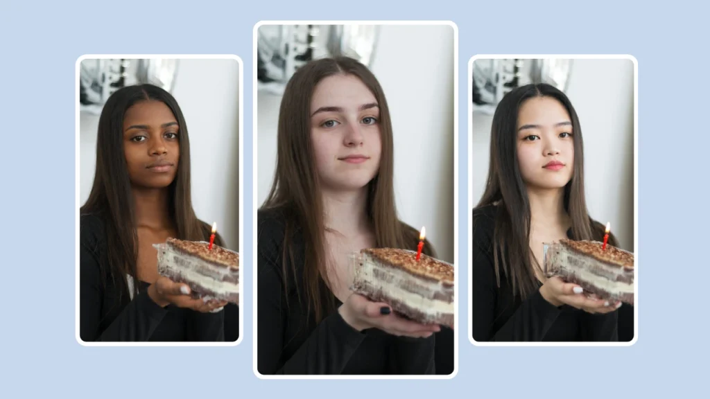 Tre ritratti di donne che tengono in mano una torta di compleanno, ognuno dei quali mostra volti diversi, creati con l'intelligenza artificiale PiktID. Illuminano e mostrano espressioni coerenti con identità diverse.
