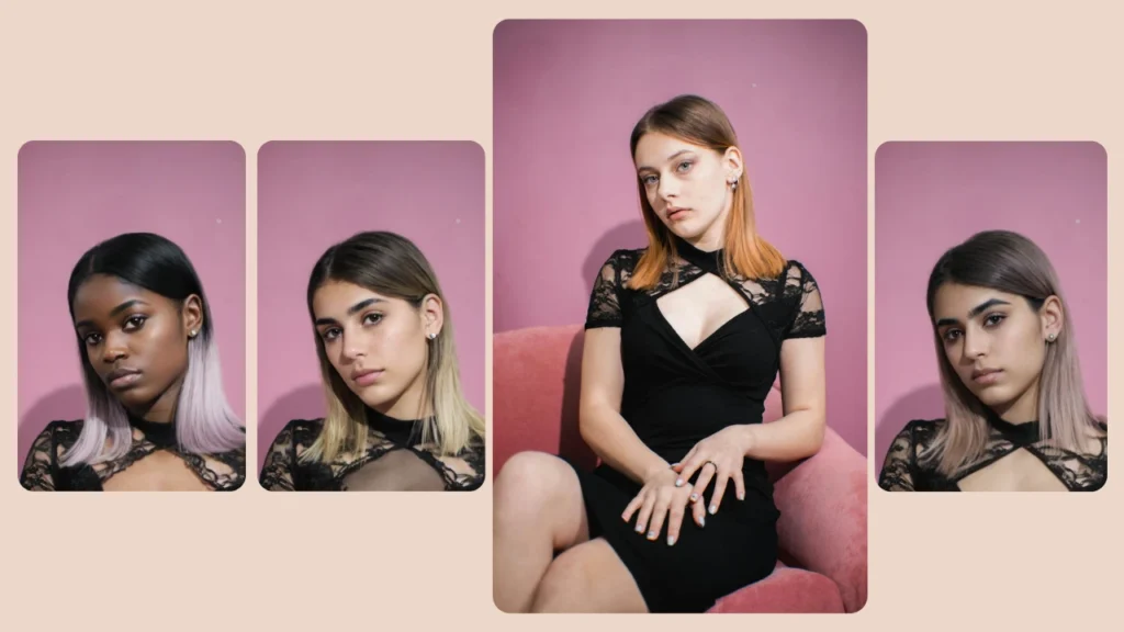 Immagine centrale di una donna seduta su una sedia rossa, circondata da variazioni modificate dall'intelligenza artificiale, create utilizzando PiktID. La composizione evidenzia transizioni fluide nel tono della pelle e nella struttura del viso.