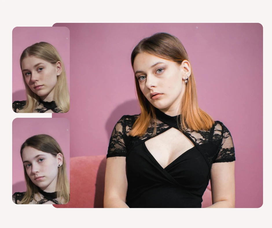 Una giovane donna con i capelli corti posa contro un muro rosa, con ritratti più piccoli che mostrano diverse versioni del suo viso, intercambiabili tra loro. L'immagine mette in risalto il cambiamento del volto operato dall'intelligenza artificiale e la precisione della trasformazione fotografica nelle diverse varianti.