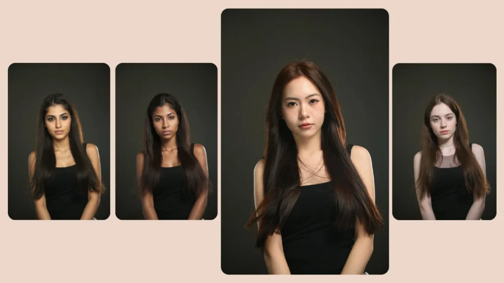 Cuatro mujeres con poses similares con blusas negras bajo la iluminación del estudio, demostrando variaciones en la estructura facial utilizando tecnología de transformación facial impulsada por IA.