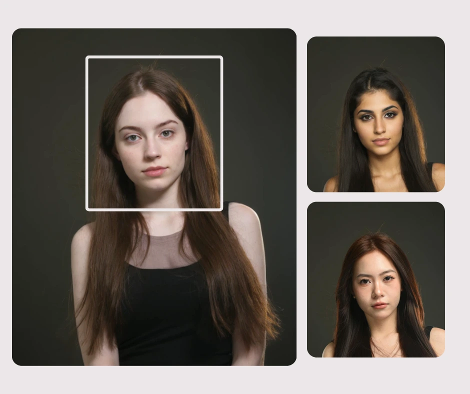 El retrato de una mujer se destaca junto a otros dos rostros potenciales, mostrando opciones para seleccionar nuevas identidades. La imagen muestra cómo los usuarios pueden elegir diferentes rostros para el cambio de rostro basado en IA.