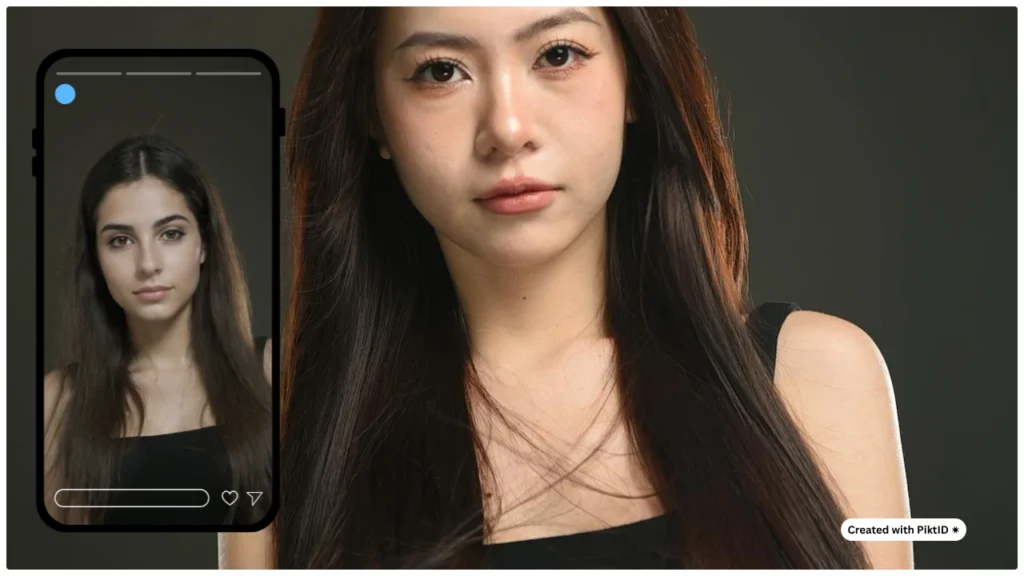 Comparación en primer plano del rostro original y transformado de una mujer mostrados uno al lado del otro en la pantalla de un teléfono inteligente, lo que ilustra los resultados perfectos del cambio de rostro mediante IA.