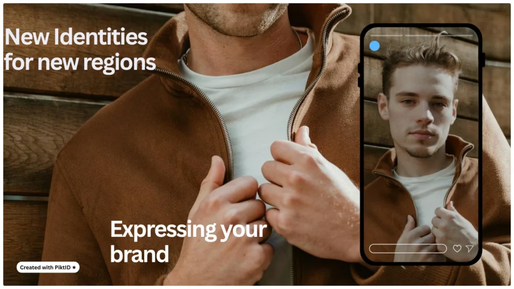 Un hombre se ajusta la chaqueta marrón junto a una vista previa en su smartphone de su rostro editado con IA, simbolizando nuevas identidades digitales para campañas de branding y marketing. Aprende a cambiar la forma del rostro con PiktID.