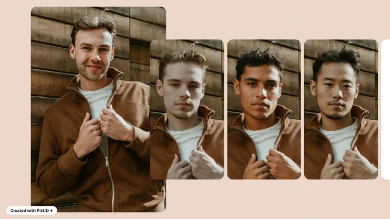 Mehrere nebeneinander angeordnete Porträts von Männern in braunen Jacken, die unterschiedliche Gesichtstauschergebnisse zeigen, die durch die KI-Identitätstransformation von PiktID erzielt wurden.