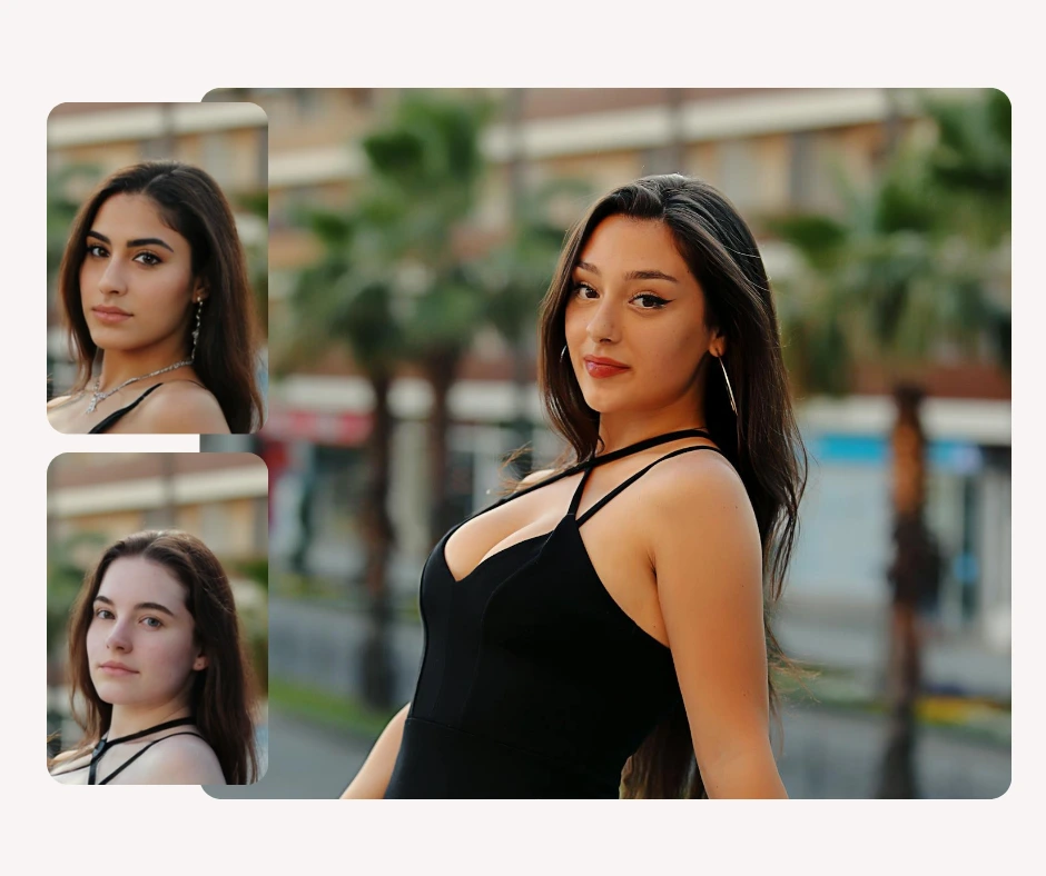 Una mujer con un vestido negro al aire libre se muestra junto a dos rostros insertados, lo que ilustra variaciones realistas de intercambio de rostros. La imagen destaca cómo PiktID permite a los usuarios experimentar con diferentes formas y rasgos faciales sin problemas.