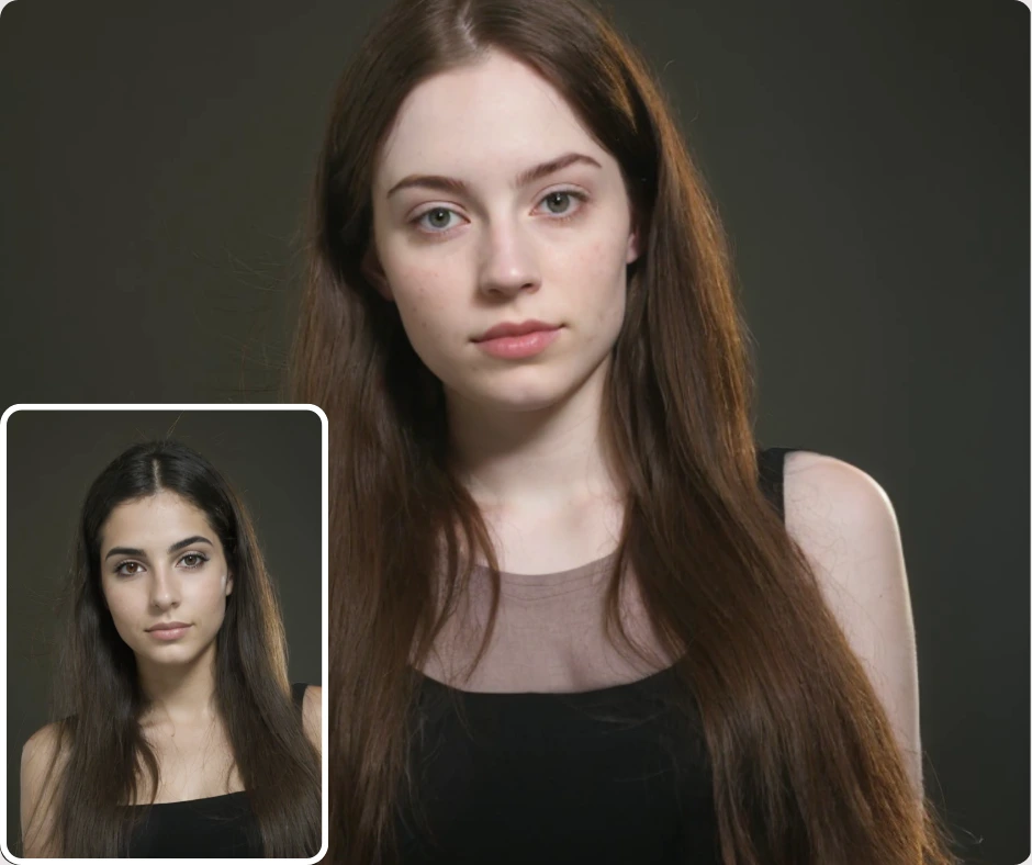 Primer plano de una mujer con cabello castaño largo, con un recuadro que muestra una opción de rostro alternativo. Esta imagen explica cómo la IA de PiktID, que cambia de rostro, puede cambiar entre diferentes rostros con resultados naturales.