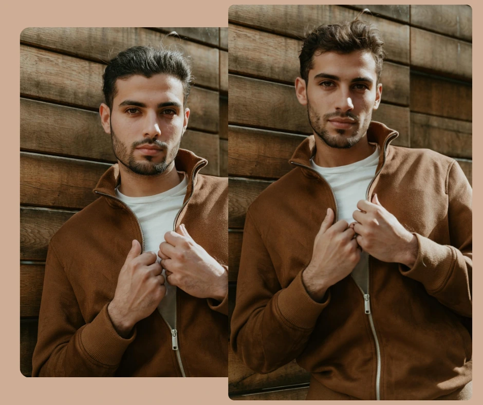 Dos retratos, uno junto al otro, del mismo hombre con chaqueta marrón muestran el antes y el después del intercambio de rostros. La imagen compara sutiles diferencias faciales para demostrar cambios de identidad realistas utilizando PiktID.