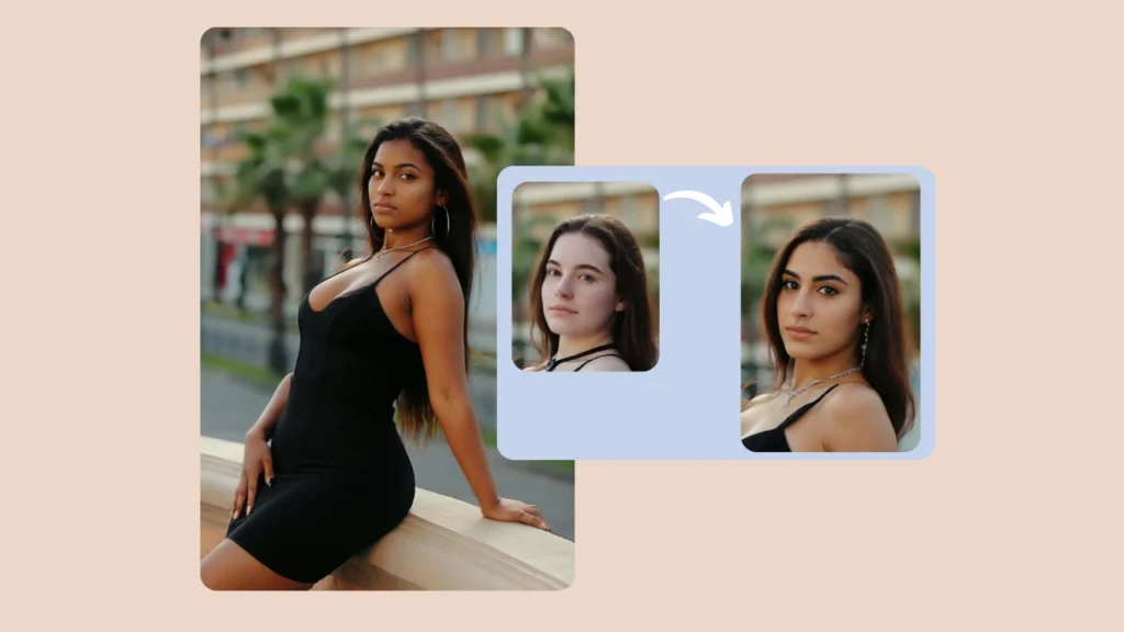 Una mujer apoyada en una barandilla con un vestido negro junto a imágenes más pequeñas que muestran su rostro intercambiado con otros, explicando el proceso de reemplazo facial mediante IA.