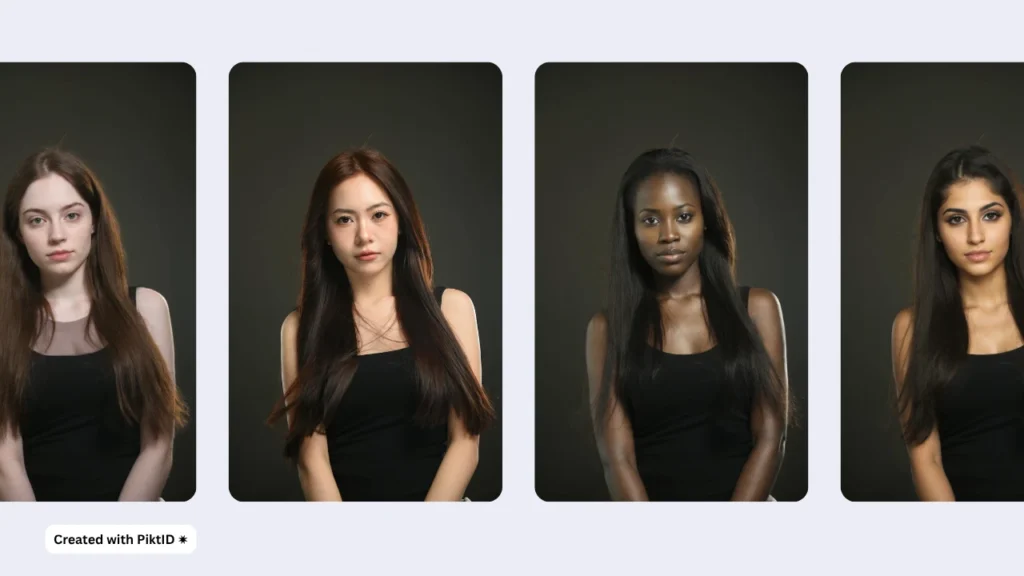 Cuatro mujeres en retratos de estudio con estructuras faciales distintas, que muestran cómo cambiar la forma del rostro con la tecnología de inteligencia artificial de PiktID, que puede modificar e intercambiar rostros de forma natural en distintas identidades.