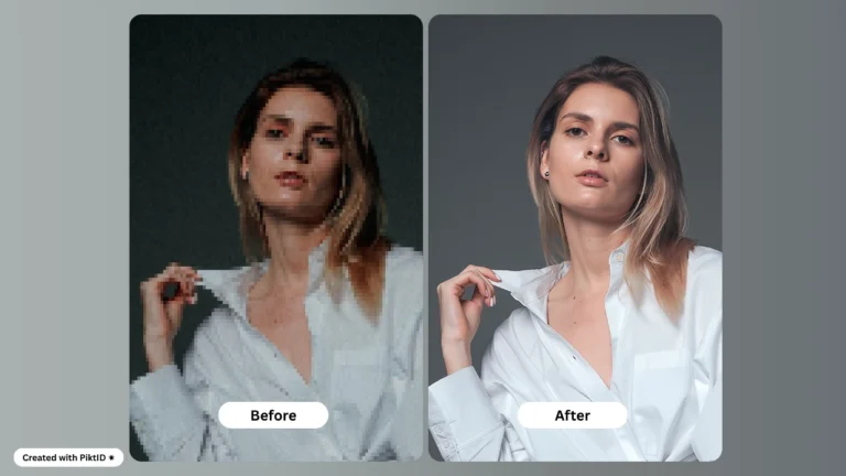Side-by-side comparison of a pixelated portrait of a woman versus a high-resolution AI-enhanced photo. The image showcases PiktID's best AI upscaler capabilities for clearer facial details and improved texture.