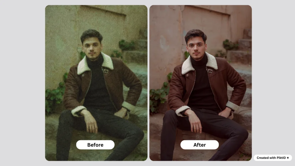 Before-and-after comparison of a young man sitting on stairs wearing a brown jacket, demonstrating PiktID’s photo restoration that removes grain and improves detail. The after image appears crisp and professionally lit, ideal for showcasing photo enhancement results.