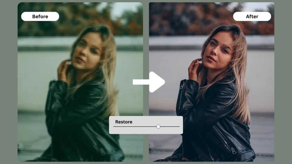 A blurred portrait of a woman in a leather jacket on the left transforms into a crystal-clear image on the right, showing PiktID’s restore feature in action. The slider in the middle visually represents the improvement in sharpness and color tone. By using a blur to clear image converter by PiktID