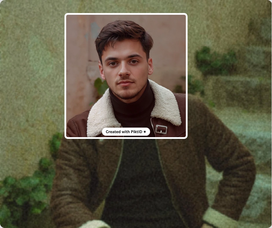 AI-enhanced portrait of a young man in a brown shearling jacket and black turtleneck, showing how PiktID restores blurred photos into sharp, detailed images.