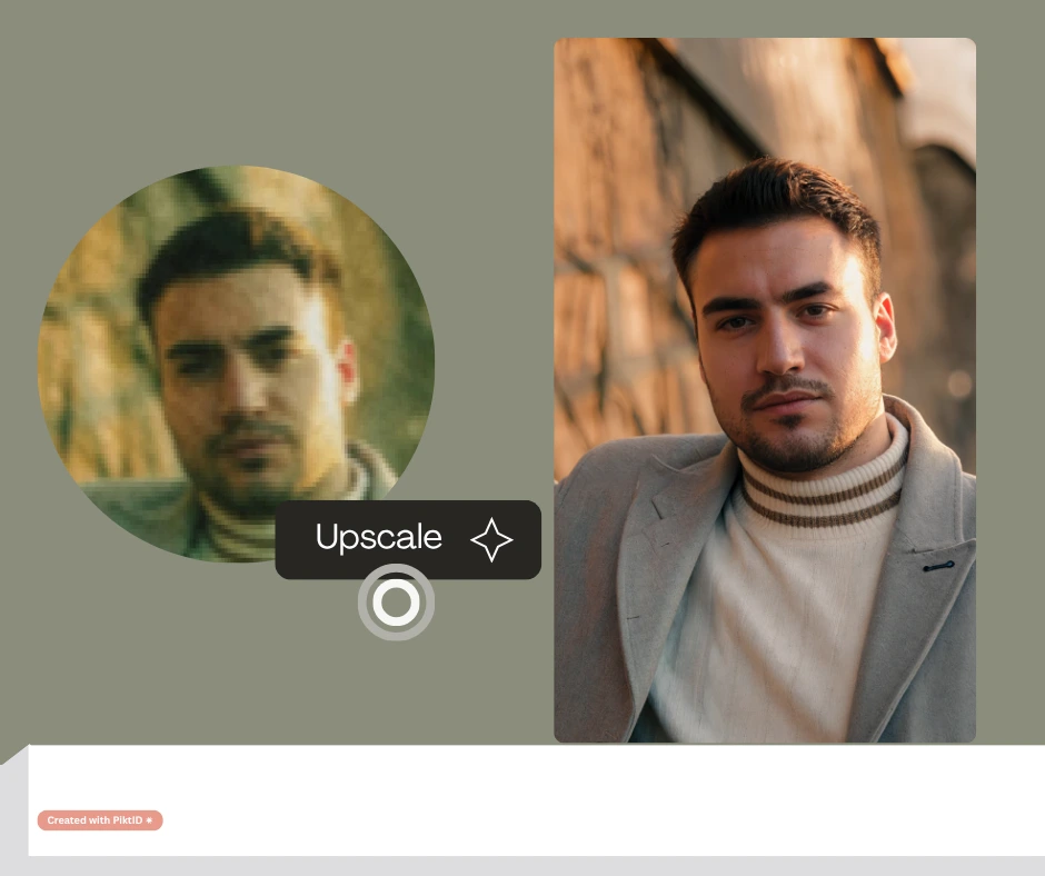 AI photo upscaling example showing a man in a beige turtleneck and grey coat, with the left side blurry and the right side enhanced in crisp 4K resolution using PiktID.