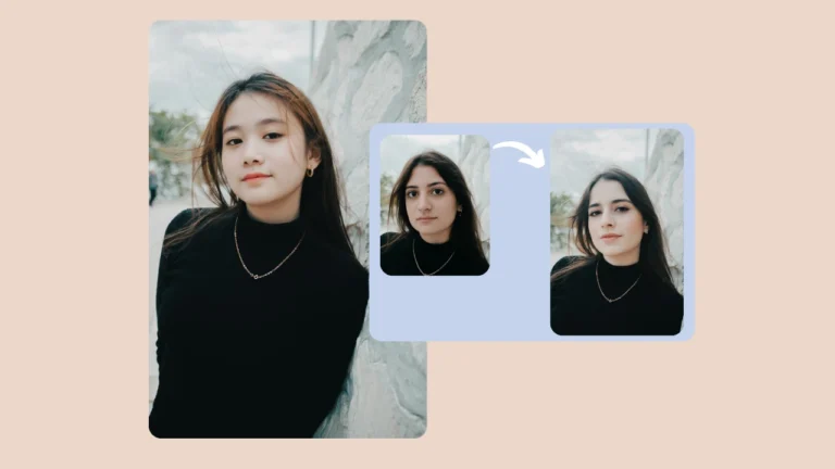 Zwei Frauen in schwarzer Kleidung lehnen an einer Wand. Ein Pfeil symbolisiert den Wechsel des Gesichts. Erstellt mit PiktID, um den nahtlosen, KI-gestützten Identitätsaustausch in der Fotografie zu demonstrieren.