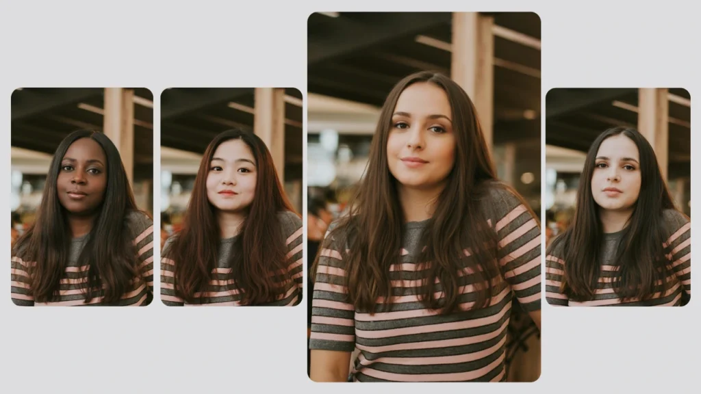 A collage of multiple women wearing the same outfit but with different faces, demonstrating the accuracy of PiktID’s best-in-class AI face swap tool. High-quality face swap results suitable for marketing, branding, and digital content.