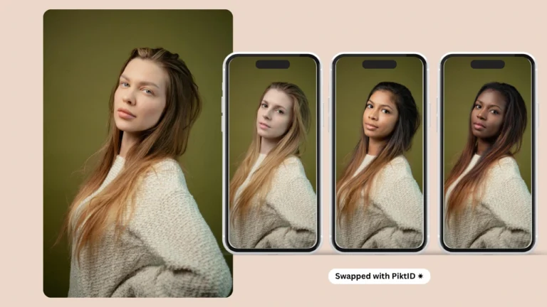 Drei iPhones zeigen eine Frau in einem weißen Pullover nach einem KI-gestützten Gesichtstausch und demonstrieren so die hohe Detailgenauigkeit der Gesichtsüberblendung des PiktID-Chips. Das Bild dient als Beispiel, um die Gesichtstausch-Funktion auf dem iPhone zu bewerben.