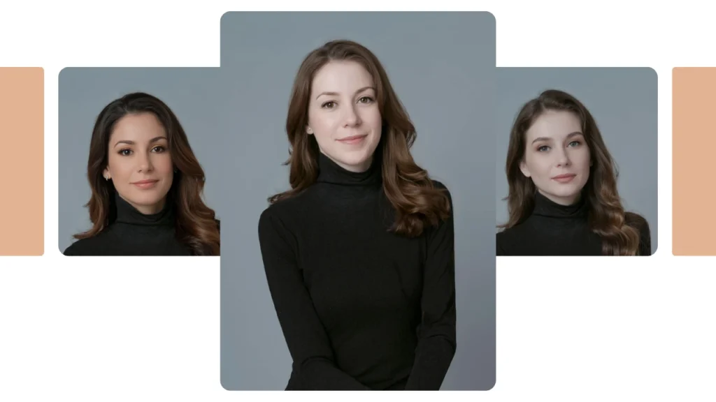 Portrait d'une jeune femme portant un col roulé noir, pris sous un éclairage doux pour un rendu professionnel. Sert de photo de base idéale pour les démonstrations d'échange de visages par IA ou de comparaison de portraits.