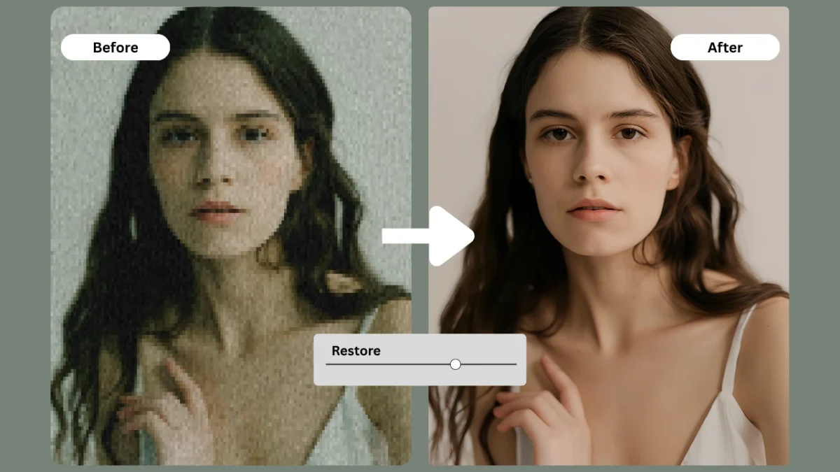 Before-and-after restoration graphic of a young woman with a slider interface showcasing enhanced clarity after AI restoration. Perfect for illustrating how to improve resolution of a photo using PiktID.