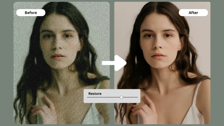 Before-and-after restoration graphic of a young woman with a slider interface showcasing enhanced clarity after AI restoration. Perfect for illustrating how to improve resolution of a photo using PiktID.