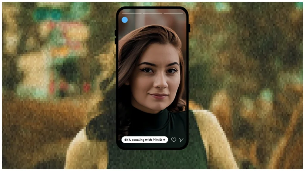 Smartphone mockup displaying a high-resolution portrait over a blurred background to demonstrate mobile AI upscaling. Shows how old or low-quality images can be restored directly on a phone.