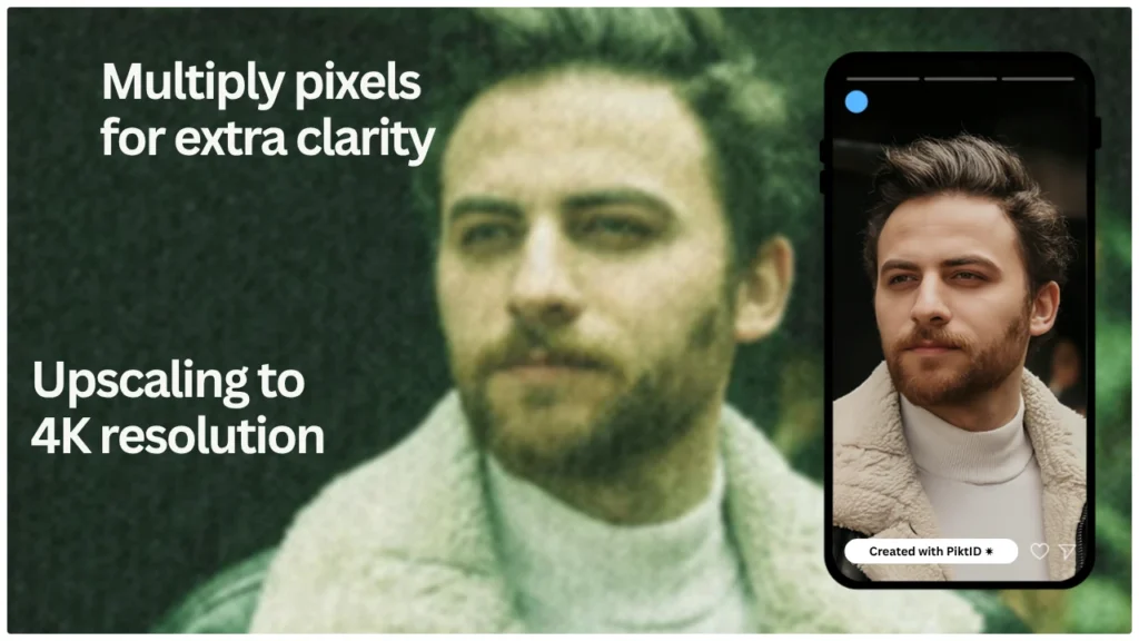 Low-resolution portrait of a man enhanced into a crisp, clear 4K image using pixel-multiplying AI upscaling. Visual comparison highlights dramatic improvements in sharpness and detail.