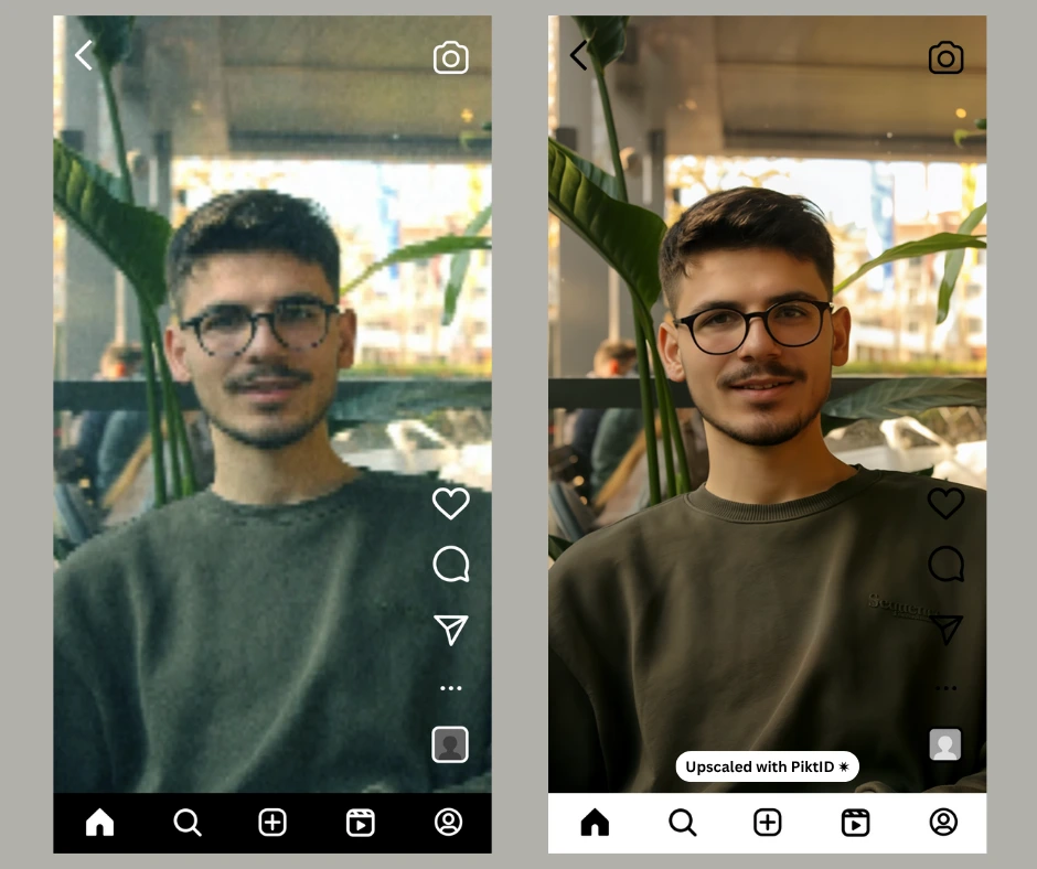 Before-and-after social media-style comparison of a young man’s portrait, showing how PiktID upscaling removes noise and restores clarity. The upgraded photo displays sharper features, natural lighting, and enhanced background detail.