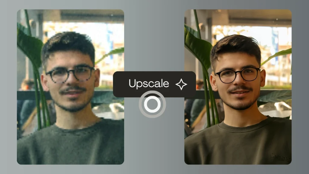 Before-and-after comparison of a man with glasses, transitioning from a blurry image to a clear, professionally enhanced portrait. showcases how to improve resolution of a photo with PiktID.