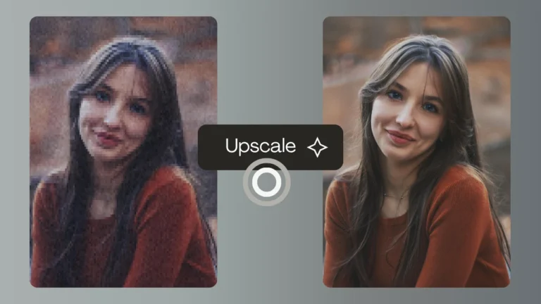 Before-and-after photo upscaling visual showing a grainy portrait enhanced into a clean, detailed image with AI. Best example of boosting photo resolution and sharpening pixels for professional output.