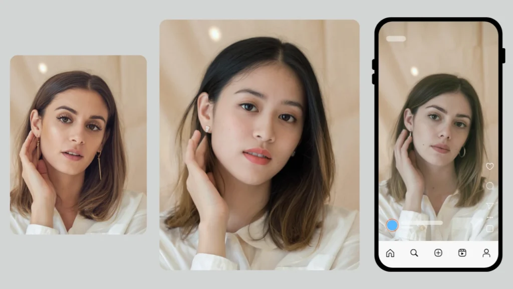 Three side-by-side portraits of a woman in a beige blouse gently touching her face, demonstrating a realistic AI face change for social media filters and identity previews.