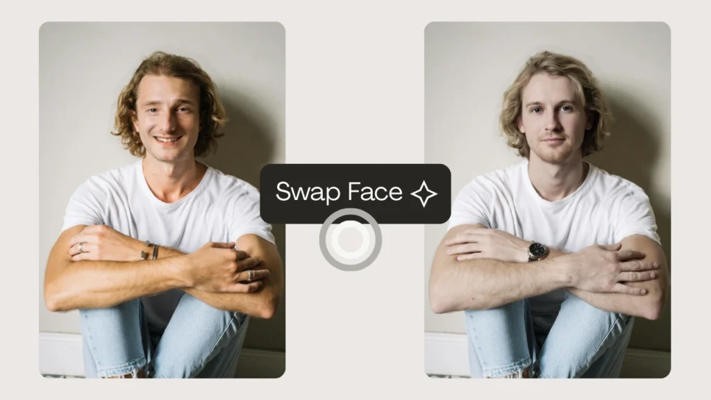 Comparación de un joven antes y después de un intercambio de rostros con IA usando PiktID. La imagen destaca un intercambio facial natural y fluido para retratos.