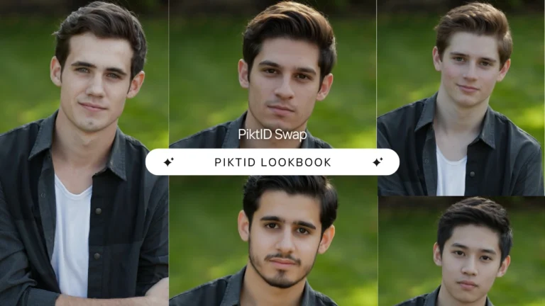 Lookbook de intercambio de cuerpos con IA que incluye múltiples retratos masculinos intercambiados con PiktID para obtener resultados naturales y de alta calidad. El diseño muestra cómo la herramienta de IA mantiene la expresión, la iluminación y el realismo durante los intercambios de identidad.