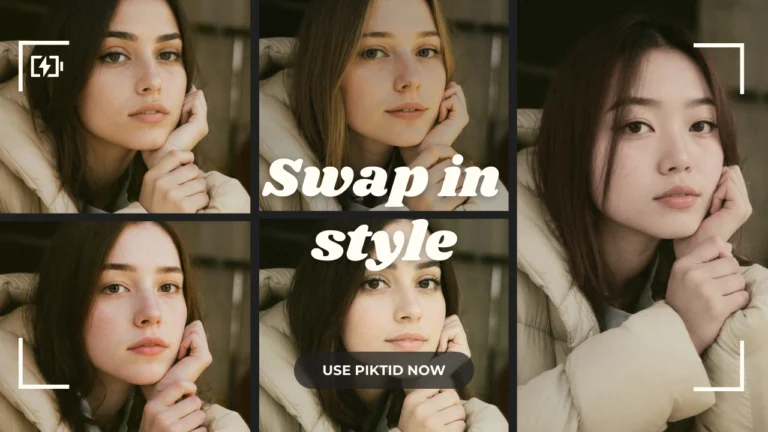 Un elegante collage de varias mujeres que muestran resultados de intercambio de rostros con IA, con iluminación uniforme y tonos de piel naturales. Promociona las transformaciones de rostros de alta calidad y estilo de PiktID.