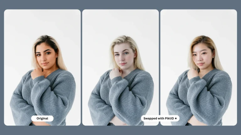 Three side-by-side portraits of a woman in a grey sweater, with the middle and right images showcasing AI face swap results using PiktID. The composition demonstrates how facial features are replaced while maintaining the original lighting and pose.