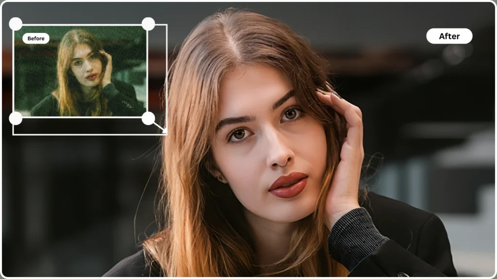 Close-up comparison demonstrating how PiktID removes facial blur and restores skin texture, eyes, and fine details with AI precision.