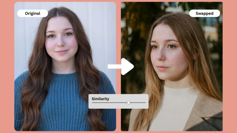 Confronto tra il prima e il dopo lo scambio di volti, che mostra un ritratto originale trasformato utilizzando l'intelligenza artificiale per lo scambio di volti nella tecnologia fotografica. Un cursore di somiglianza illustra la corrispondenza controllata dei volti con risultati naturali.