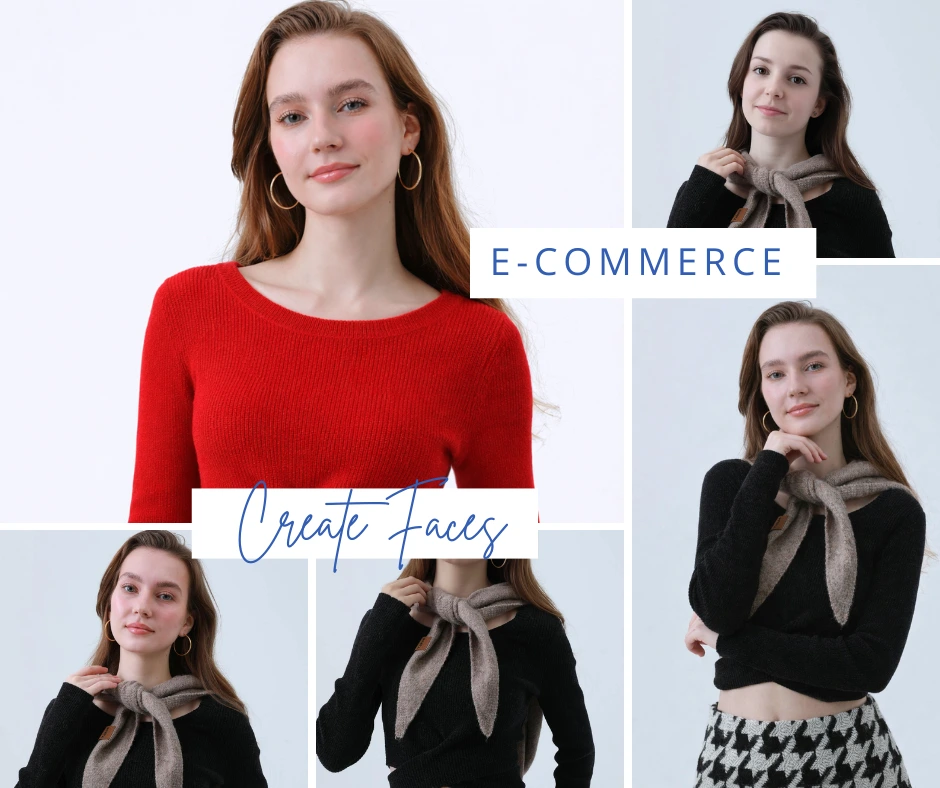 E-commerce fashion collage showcasing AI face swaps on a model wearing red and black outfits with “Create Faces” and “E-Commerce” text overlay. Highlights AI-powered face replacement for online clothing stores and product listings.