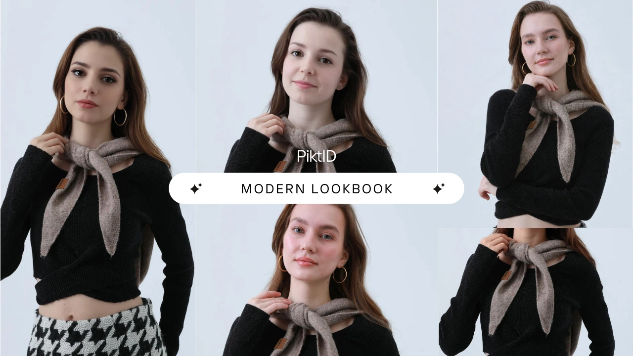 Modern AI lookbook collage featuring multiple female model variations created with PiktID. Demonstrates AI-powered fashion photography for brand campaigns and product showcases.