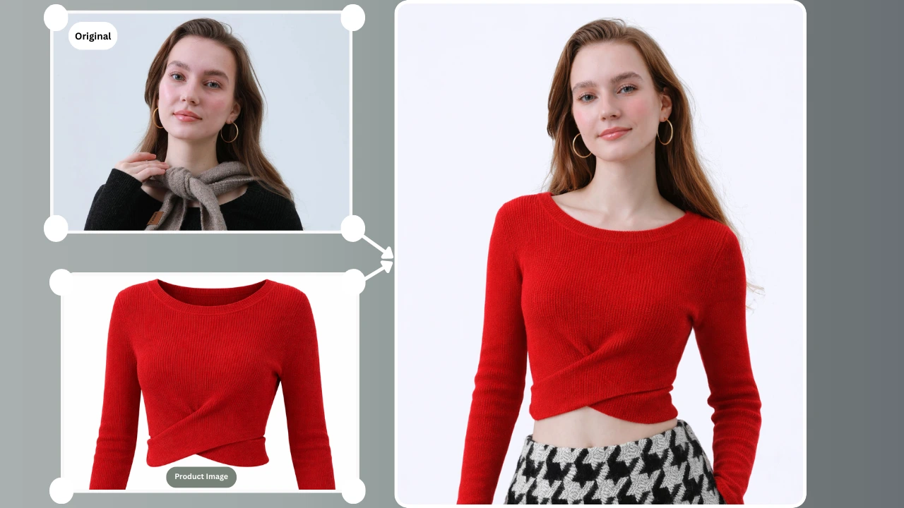 AI fashion photography example showing a model’s outfit changed from a black sweater to a red cropped top using virtual clothing replacement technology. Demonstrates realistic AI clothing swap for ecommerce product visualization.