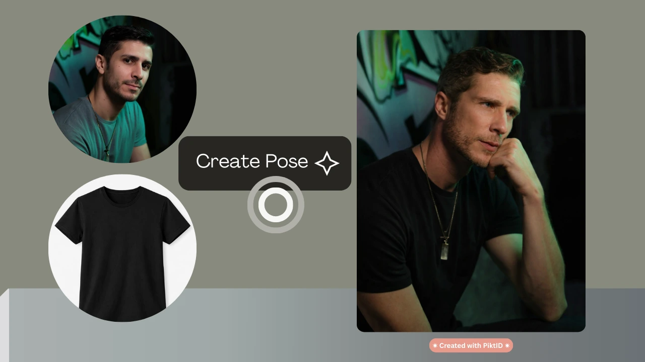AI-generated portrait of a blonde man in a stylish pose wearing a black t-shirt, created using pose transfer technology. Example of AI fashion photography generating professional studio-style male portraits.