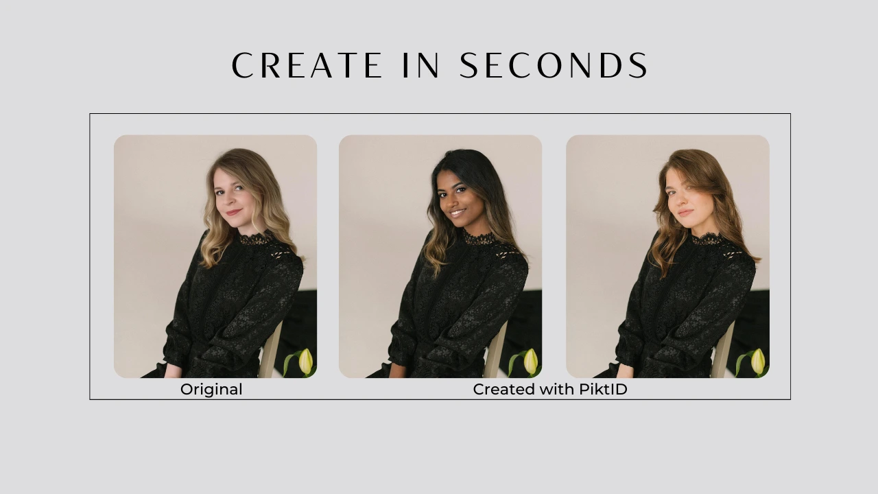 Before-and-after AI fashion photography comparison showing multiple identity variations created in seconds. Highlights fast AI portrait generation and virtual model transformation.