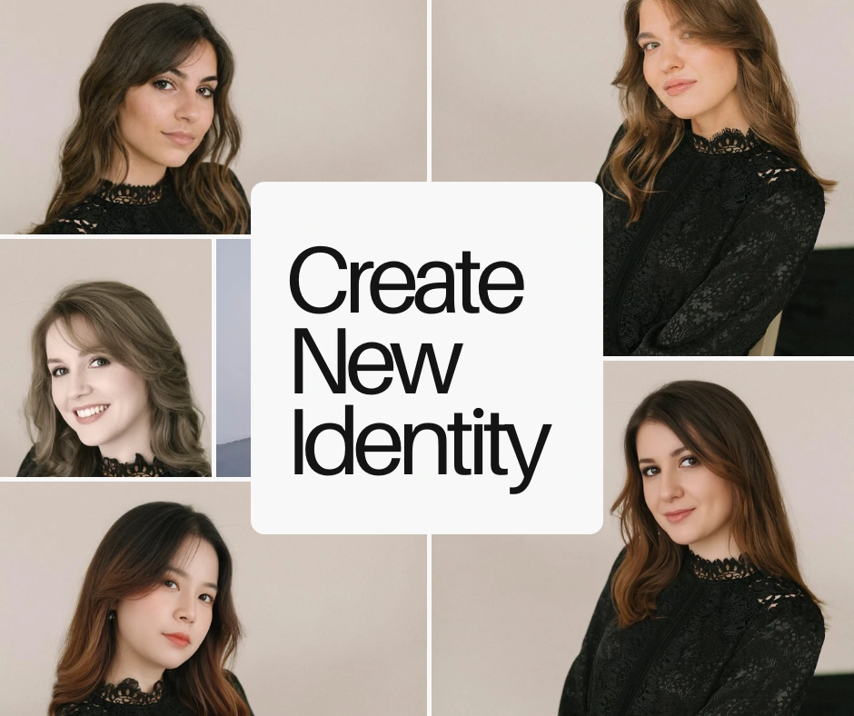 AI fashion photography collage showing multiple female face variations wearing a black lace top with the headline “Create New Identity.” Visual representation of AI-generated identity transformation for fashion and beauty brands.