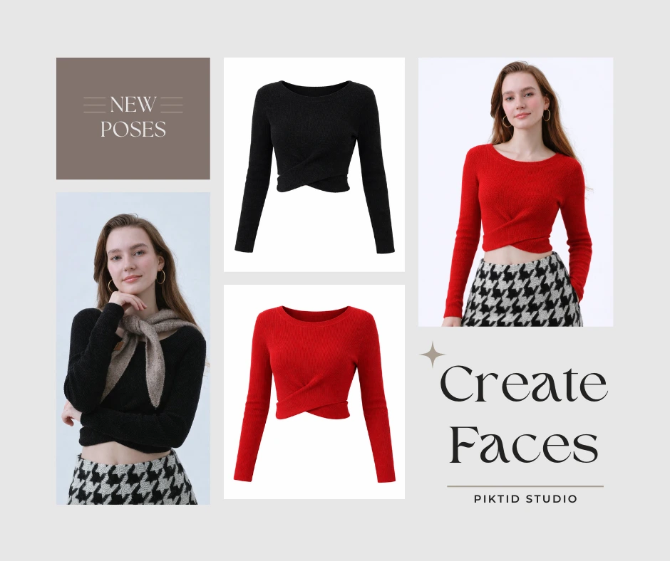AI-generated fashion model poses featuring black and red crop tops with “Create Faces – PiktID Studio” branding. Demonstrates AI face creation and pose variation for e-commerce fashion photography.