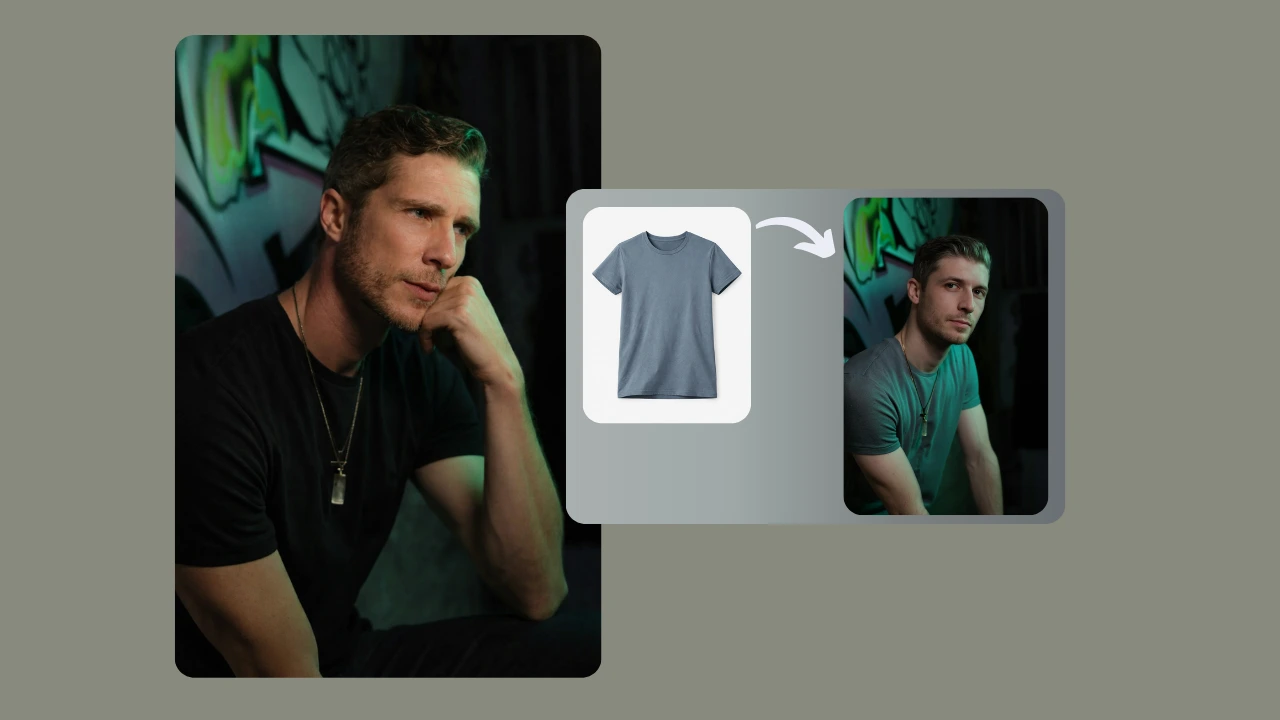 AI clothing swap example showing a male model’s t-shirt changed from black to gray while preserving pose and lighting. Demonstrates realistic AI outfit transformation for fashion ecommerce.