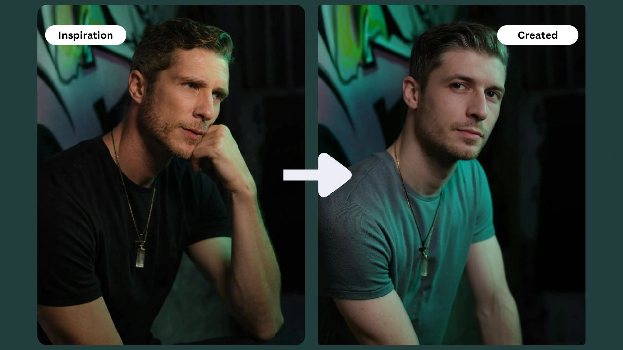 Before-and-after comparison of AI face swap and pose modification using PiktID in a studio portrait. Shows seamless AI transformation while maintaining professional lighting and background aesthetics.
