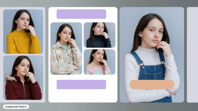 Collage layout featuring multiple fashion portraits of a young model styled in different outfits. The design represents AI applications in fashion modeling, clothing swaps, and digital lookbooks.